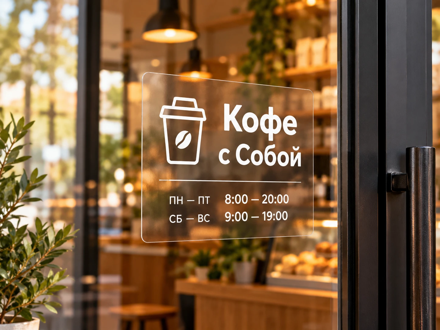 Прозрачная информационная наклейка с режимом работы на стеклянной двери