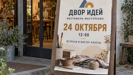 Афиша «Двор идей» — увеличить иллюстрацию Афиша вымышленного фестиваля «Двор идей» на стенде у входа в мастерскую с крупным названием и датой