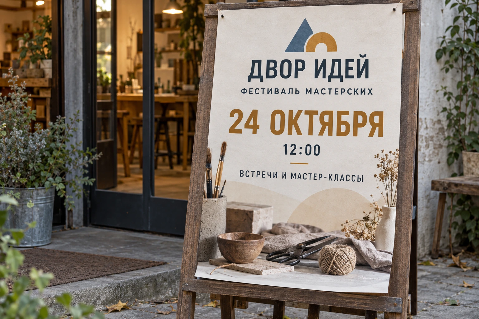 Афиша вымышленного фестиваля «Двор идей» на стенде у входа в мастерскую с крупным названием и датой