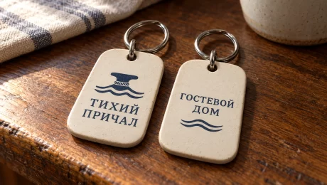 Двусторонний плоский брелок гостевого дома — увеличить фото Два прямоугольных брелока «Тихий причал»: лицевая сторона с логотипом и оборот с надписью