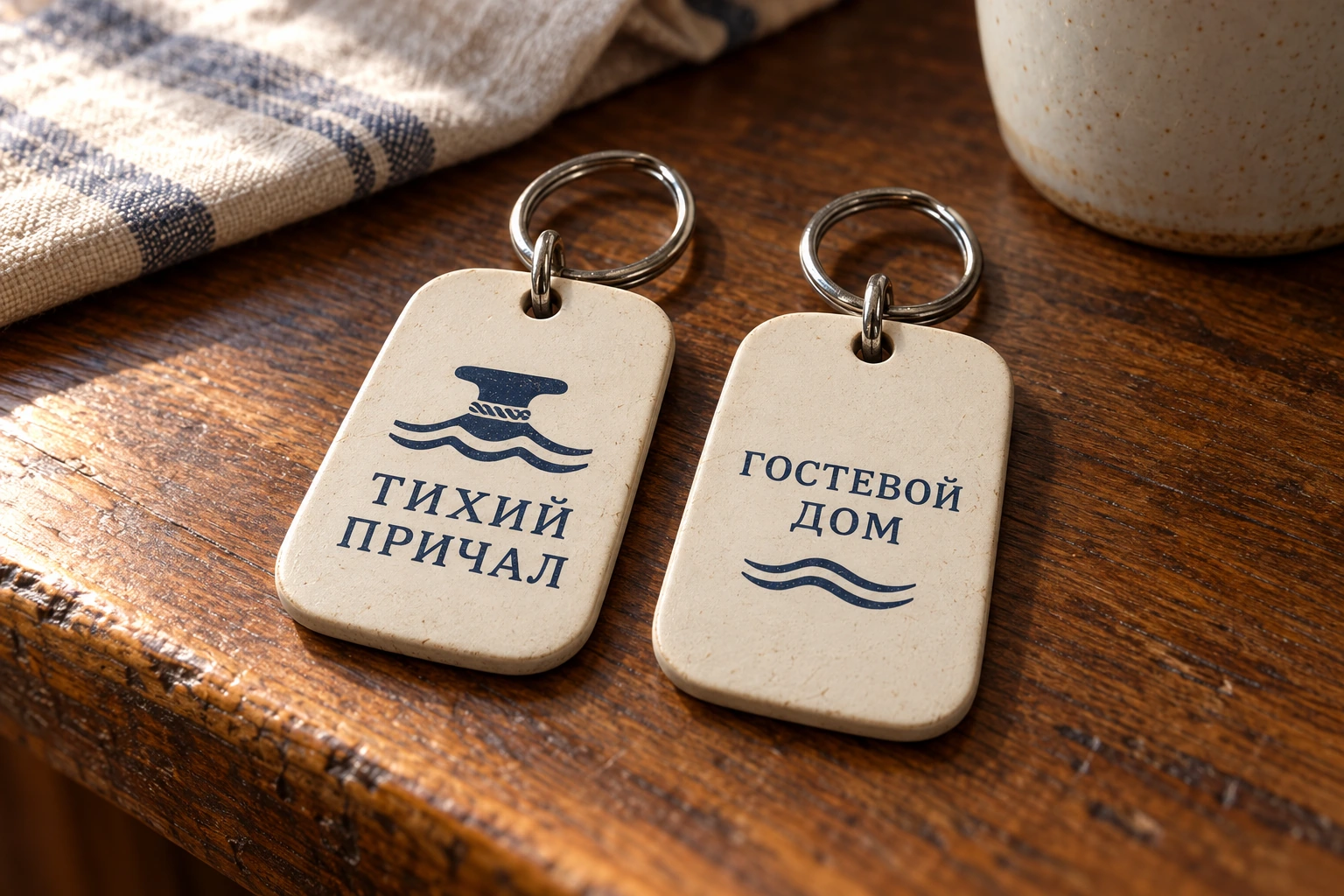 Два прямоугольных брелока «Тихий причал»: лицевая сторона с логотипом и оборот с надписью