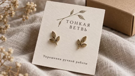 Картонный держатель пары серёг ручной работы — увеличить фото Пара небольших серёг на кремовом картонном держателе «Тонкая ветвь»