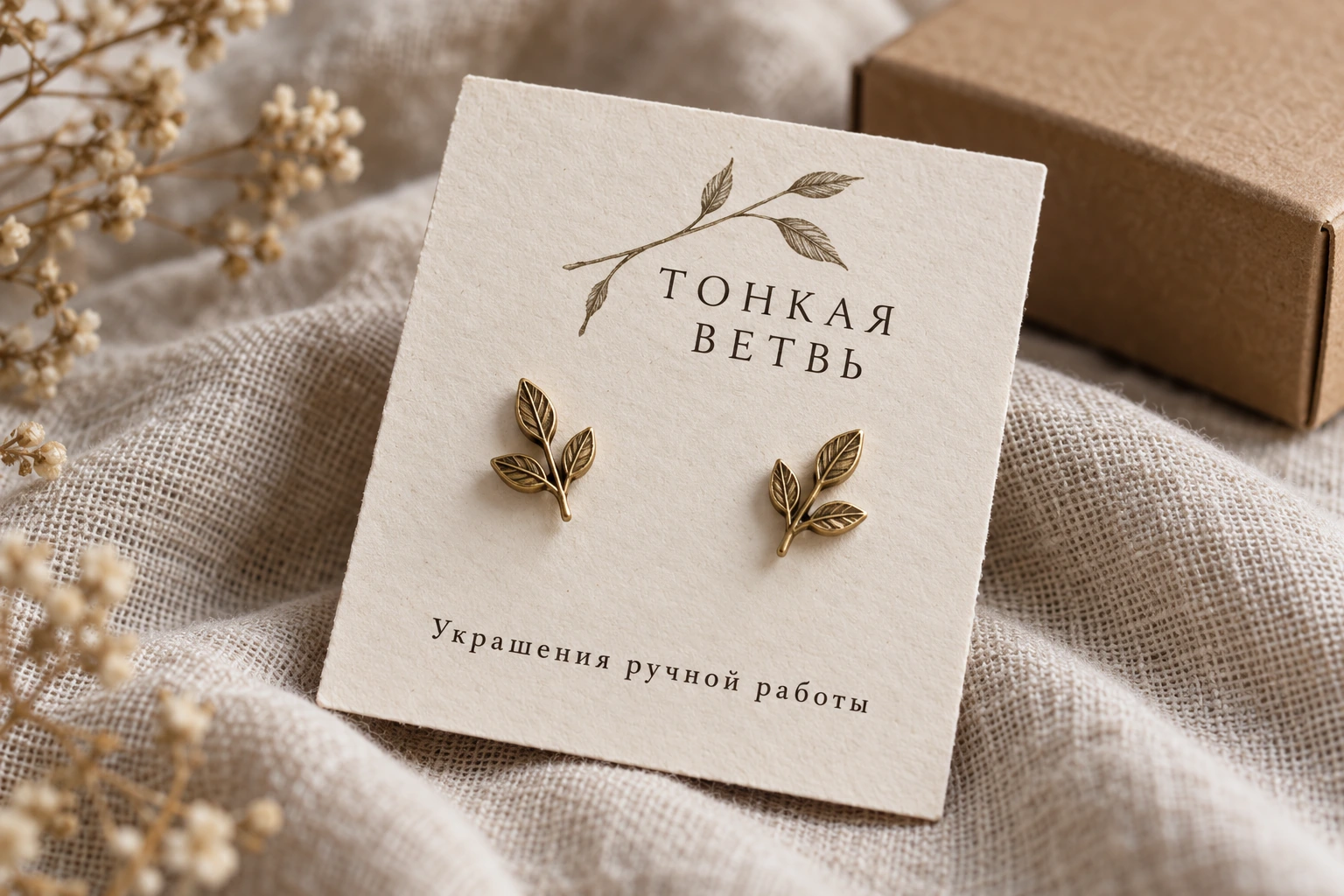 Пара небольших серёг на кремовом картонном держателе «Тонкая ветвь»