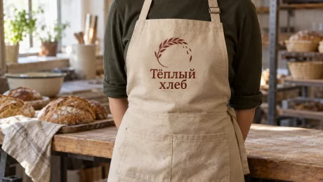 Рабочий фартук с логотипом пекарни — увеличить фото Бежевый фартук «Тёплый хлеб» с нагрудным логотипом и большим карманом