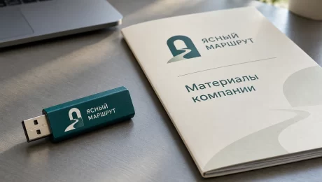 Корпоративная флешка с комплектом презентационных материалов — увеличить фото Флешка «Ясный маршрут» рядом с фирменной папкой на рабочем столе