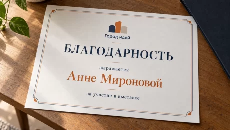 Именная благодарность участнику выставки — увеличить фото Благодарность студии «Город идей» Анне Мироновой за участие в выставке