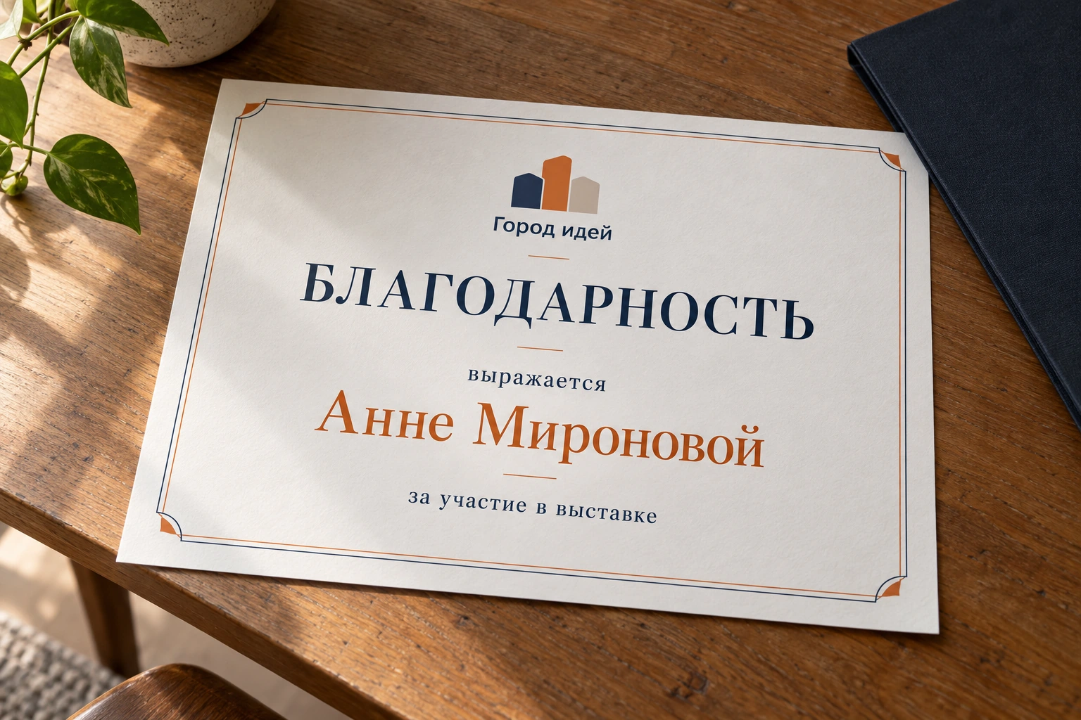 Благодарность студии «Город идей» Анне Мироновой за участие в выставке