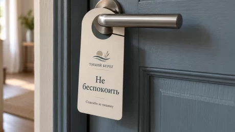 Тихий берег — увеличить иллюстрацию Дверной хенгер вымышленного гостевого дома «Тихий берег» с надписью «Не беспокоить» на ручке двери