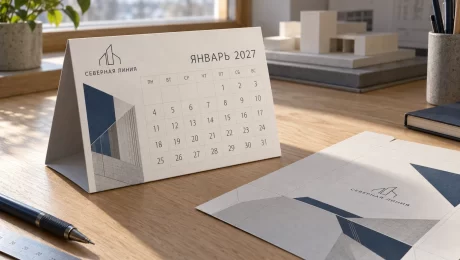Северная линия — увеличить иллюстрацию Самосборный календарь-домик вымышленного бюро «Северная линия» и плоская развёртка на рабочем столе