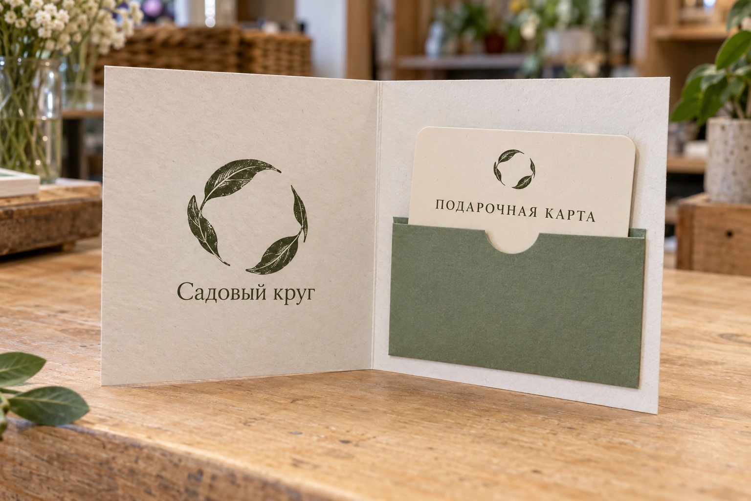 Подарочная карта «Садовый круг» в светлом картонном держателе с зелёным кармашком