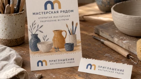 Листовка «Мастерская рядом» — увеличить иллюстрацию Листовка вымышленного проекта «Мастерская рядом» и отделённый по перфорации купон-приглашение с тем же оформлением