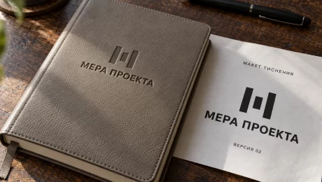 Ежедневник «Мера проекта» — увеличить иллюстрацию Ежедневник вымышленной студии «Мера проекта» с блинтовым тиснением и бумажный макет того же логотипа