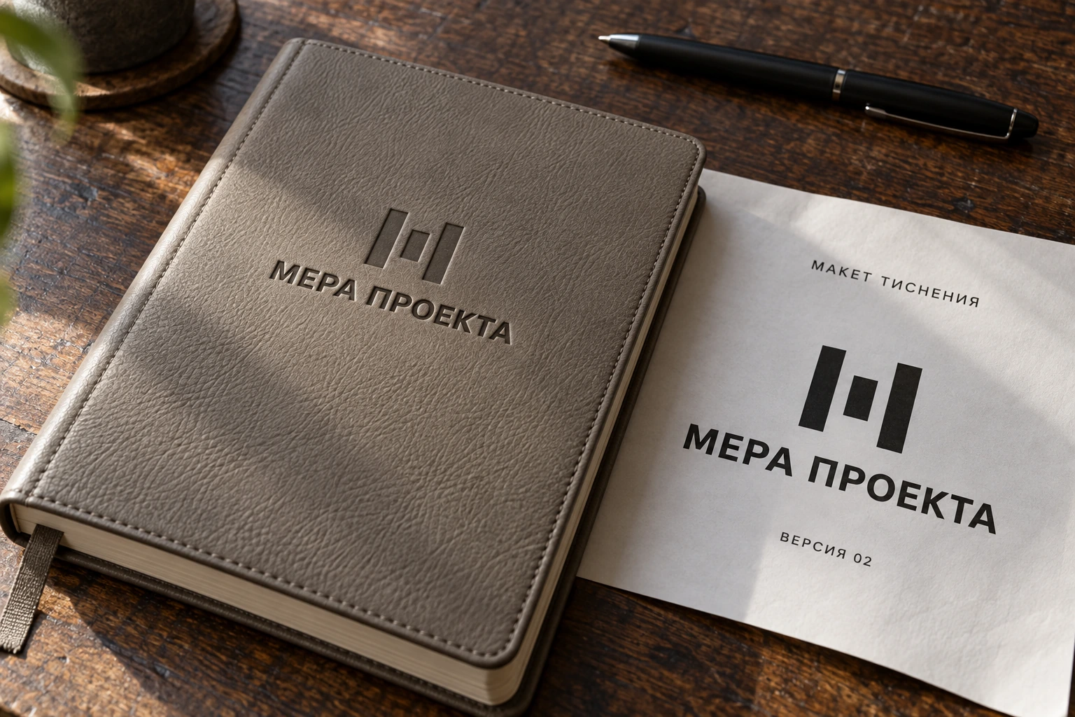 Ежедневник вымышленной студии «Мера проекта» с блинтовым тиснением и бумажный макет того же логотипа