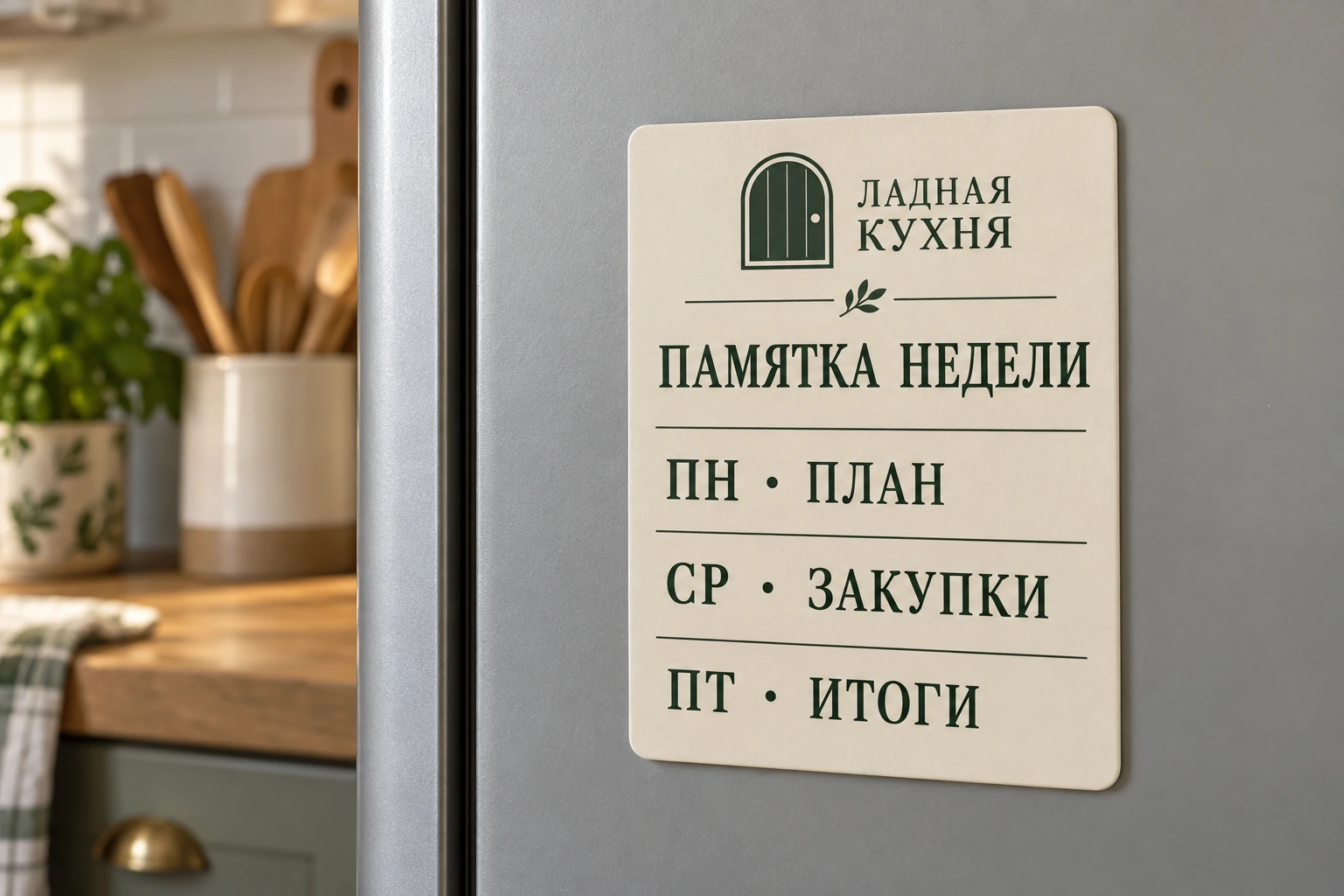 Кремовый магнит «Ладная кухня» с тремя строками памятки на светлой металлической дверце