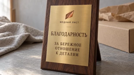 Наградная плакетка с табличкой и длинной номинацией — увеличить фото Наградная плакетка «Медный лист» с благодарностью и надписью о внимании к деталям