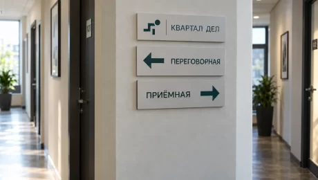 Навигационные таблички со стрелками — увеличить фото Таблички «Квартал дел» с направлениями к переговорной и приёмной в офисном коридоре