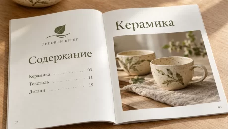 Каталог домашней коллекции с оглавлением — увеличить фото Открытый каталог «Липовый берег»: оглавление слева и раздел керамики справа