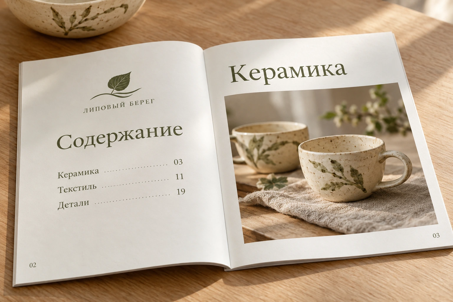 Открытый каталог «Липовый берег»: оглавление слева и раздел керамики справа