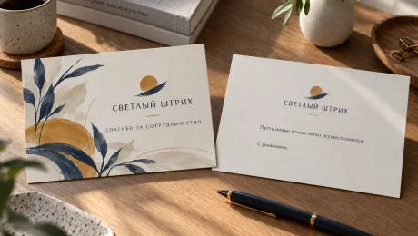 Открытки «Светлый штрих» — увеличить иллюстрацию Лицевая сторона и оборот открытки вымышленной мастерской «Светлый штрих» с поздравлением и свободной строкой для подписи