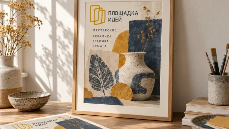 Плакат в рамке с паспарту — увеличить фото Плакат «Площадка идей» с оригинальным знаком и названиями мастерских в деревянной рамке