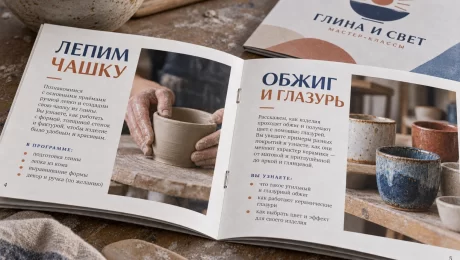 Брошюра студии «Глина и свет» — увеличить иллюстрацию Центральный разворот брошюры «Глина и свет» со страницами 4 и 5, русскими текстами и двумя скобами по сгибу