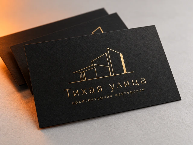 Чёрная премиальная визитка с золотой фольгой бренда «Тихая улица»