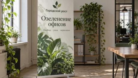 Сменное полотно выставочного стенда для студии озеленения — увеличить фото Стенд Roll Up «Городской рост» с зелёным рисунком растений в светлом офисе