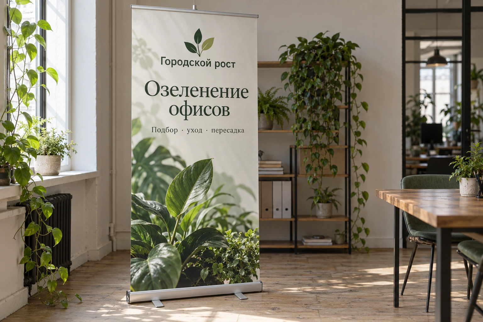 Стенд Roll Up «Городской рост» с зелёным рисунком растений в светлом офисе