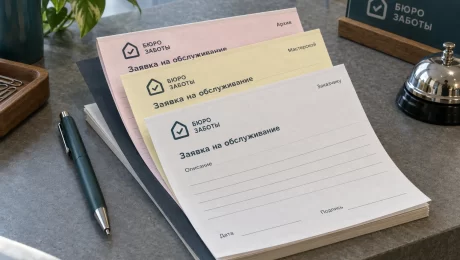 Бюро заботы — увеличить иллюстрацию Белый, жёлтый и розовый листы бланка вымышленной мастерской «Бюро заботы», разложенные на тёмной подложке