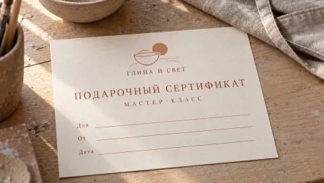 Бумажный сертификат керамической мастерской с полями для получателя и дарителя — увеличить фото Сертификат «Глина и свет» на мастер-класс с полями «Для», «От» и «Дата» рядом с керамикой