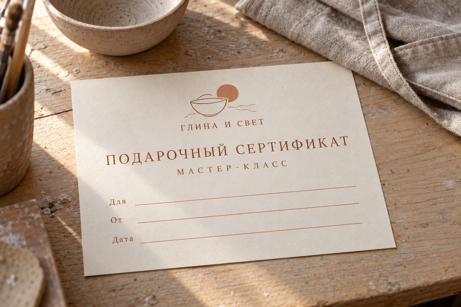 Сертификат «Глина и свет» на мастер-класс с полями «Для», «От» и «Дата» рядом с керамикой