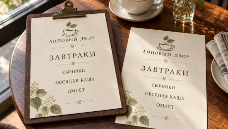 Меню «Липовый двор» — увеличить иллюстрацию Меню завтраков вымышленной кофейни «Липовый двор» на деревянном планшете с зажимом и отдельный сменный лист