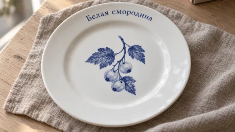 Тарелка с центральным рисунком и фирменной надписью — увеличить фото Белая тарелка «Белая смородина» с синим растительным знаком и надписью на бортике