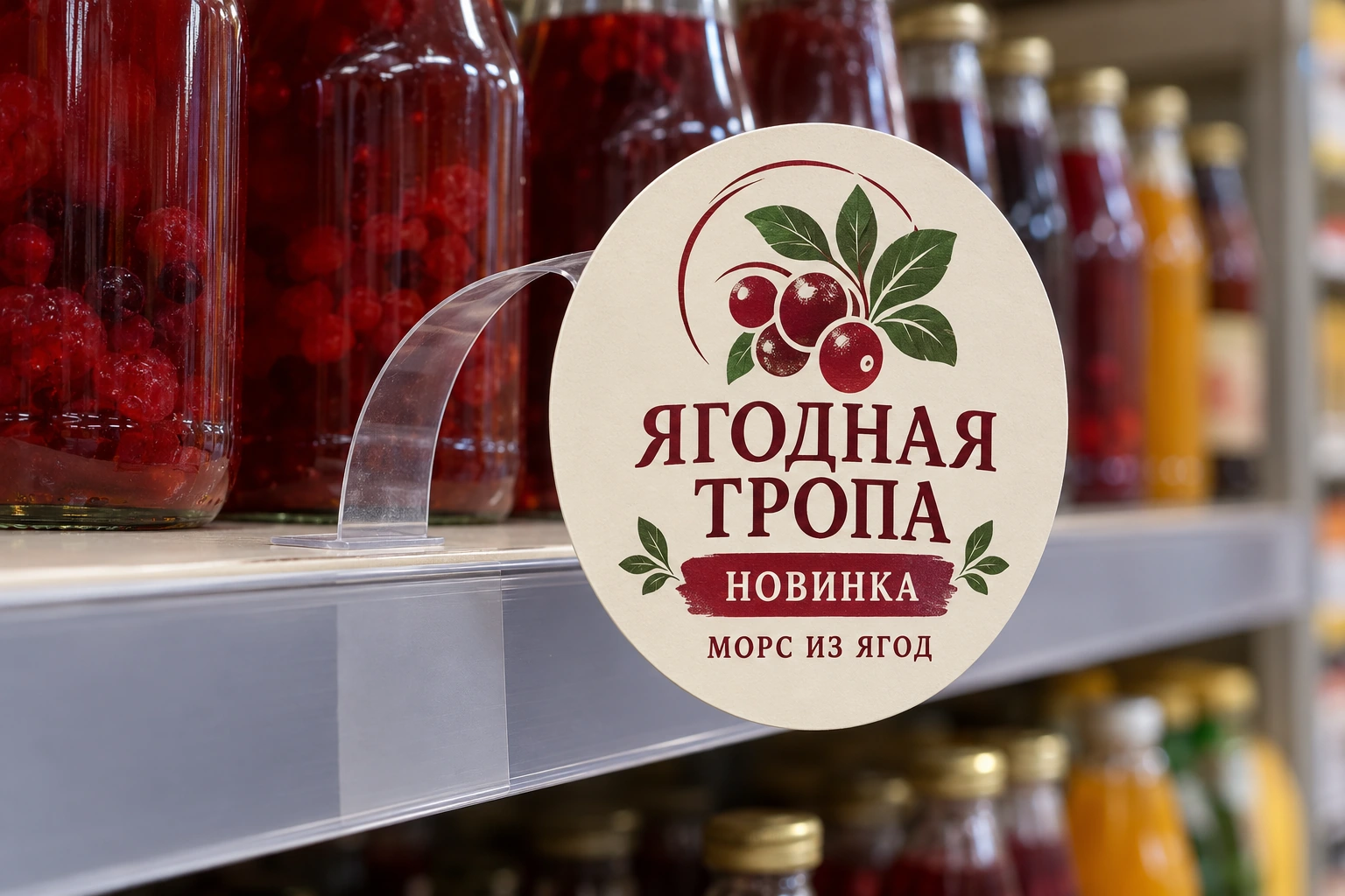 Круглый воблер «Ягодная тропа» с прозрачной ножкой, закреплённой на торговой полке