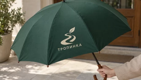 Зелёный зонт с фирменным знаком прогулочного клуба — увеличить фото Раскрытый зелёный зонт «Тропинка» со светлым логотипом между швами купола